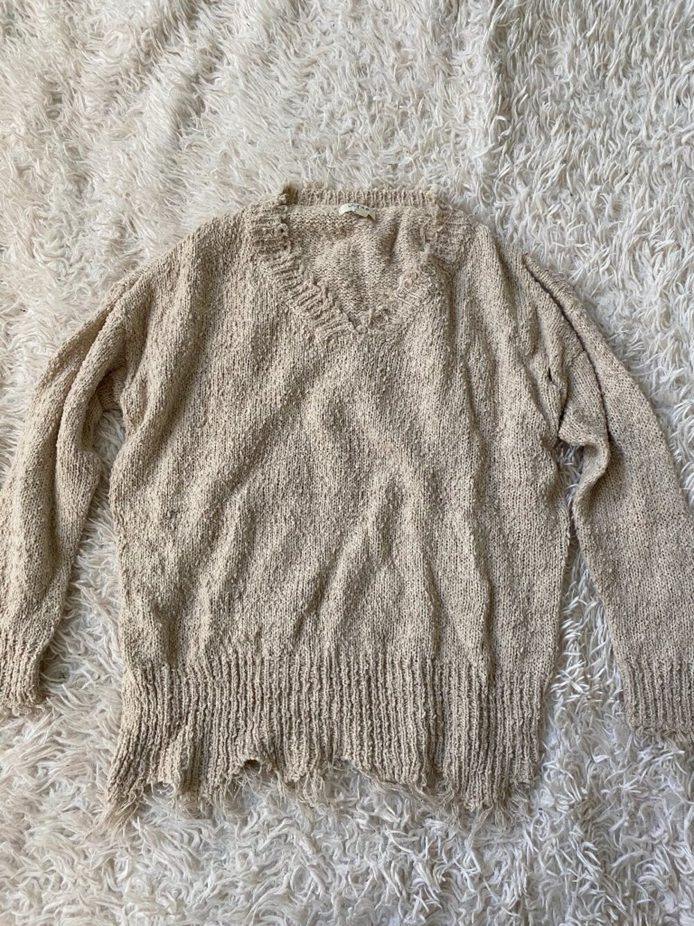 Beige Oversized Frayed Sweater